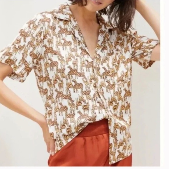 Postcard Zebra Peasant Boho Collared Minimal Hipster Modern Hippie Button Blouse - Picture 1 of 2